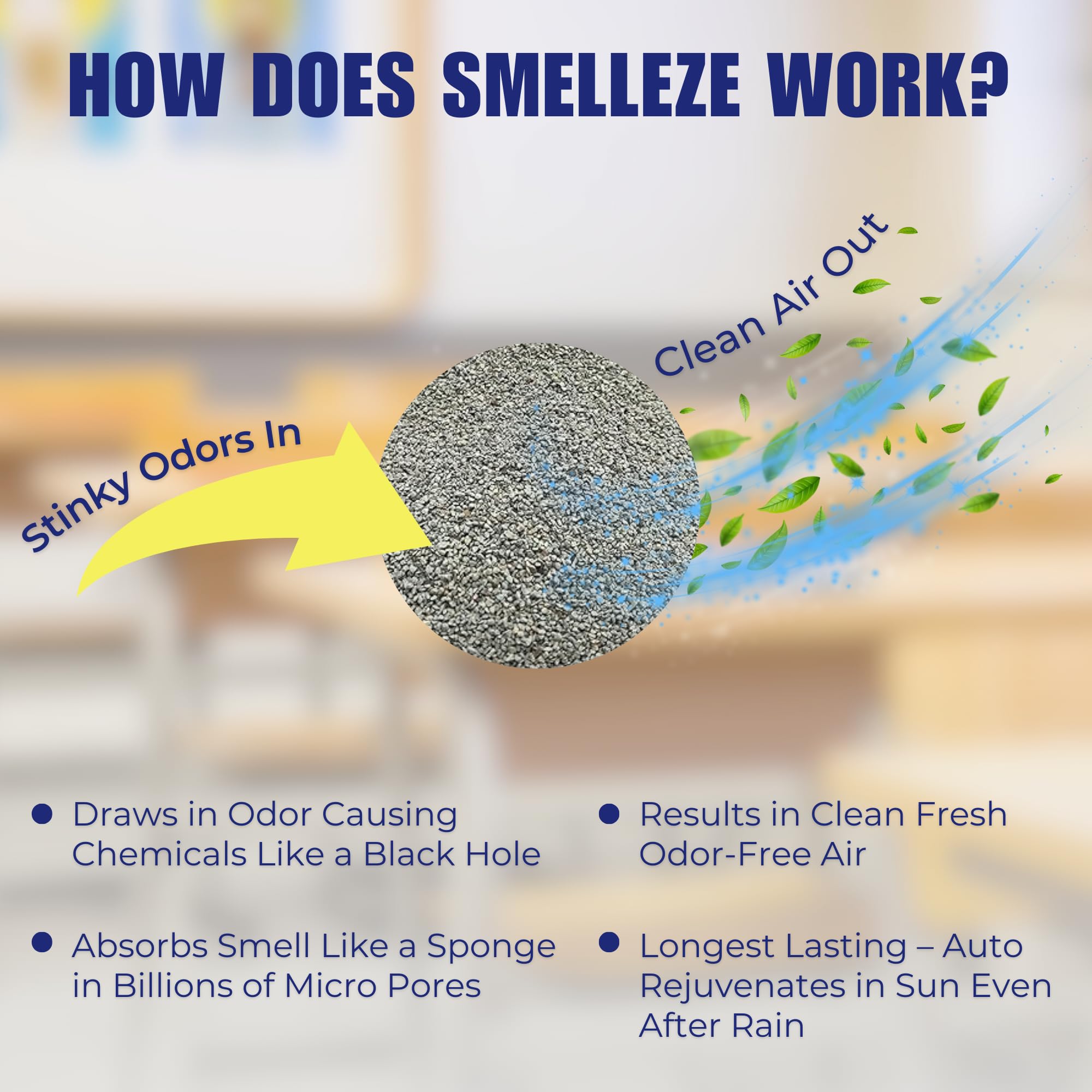 Smelleze packaging shows natural ingredients for pet odor elimination.
