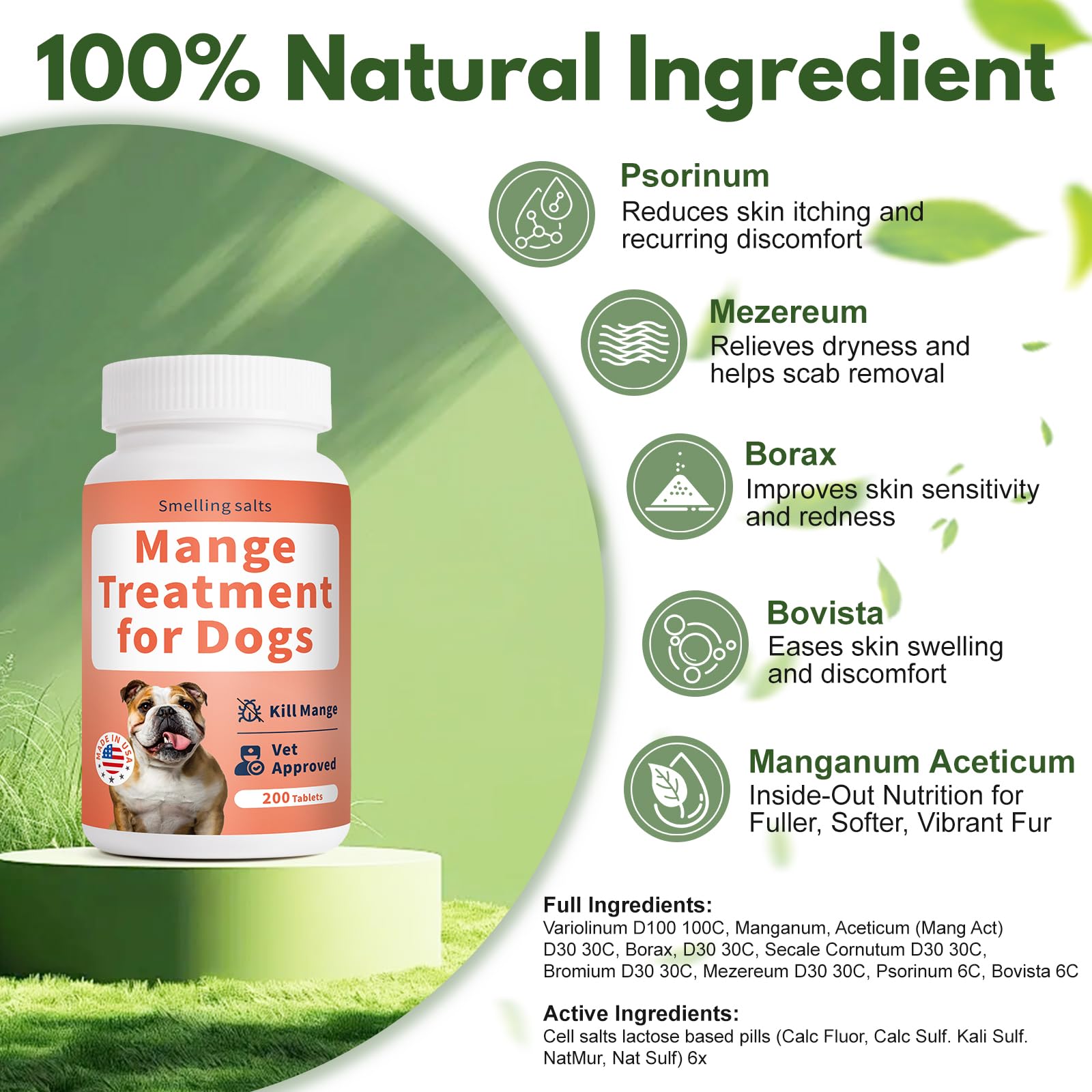 Smellingsalts dog mange tablets ingredients emphasize immune support against recurrence.