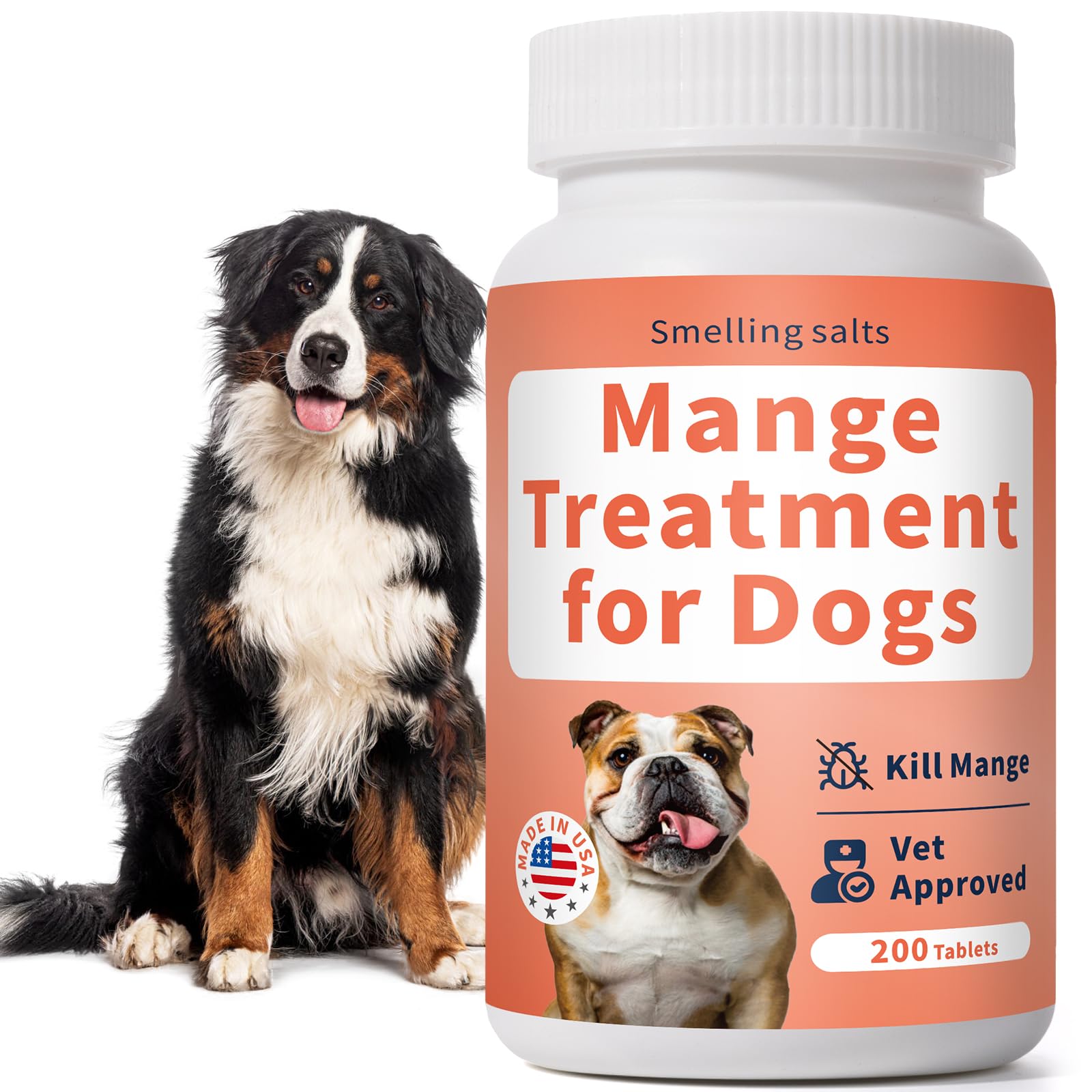Smellingsalts dog mange tablets packaging showcases vet-recommended, odorless formula.
