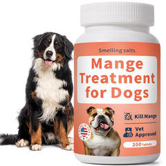 Smellingsalts dog mange tablets packaging showcases vet-recommended, odorless formula.