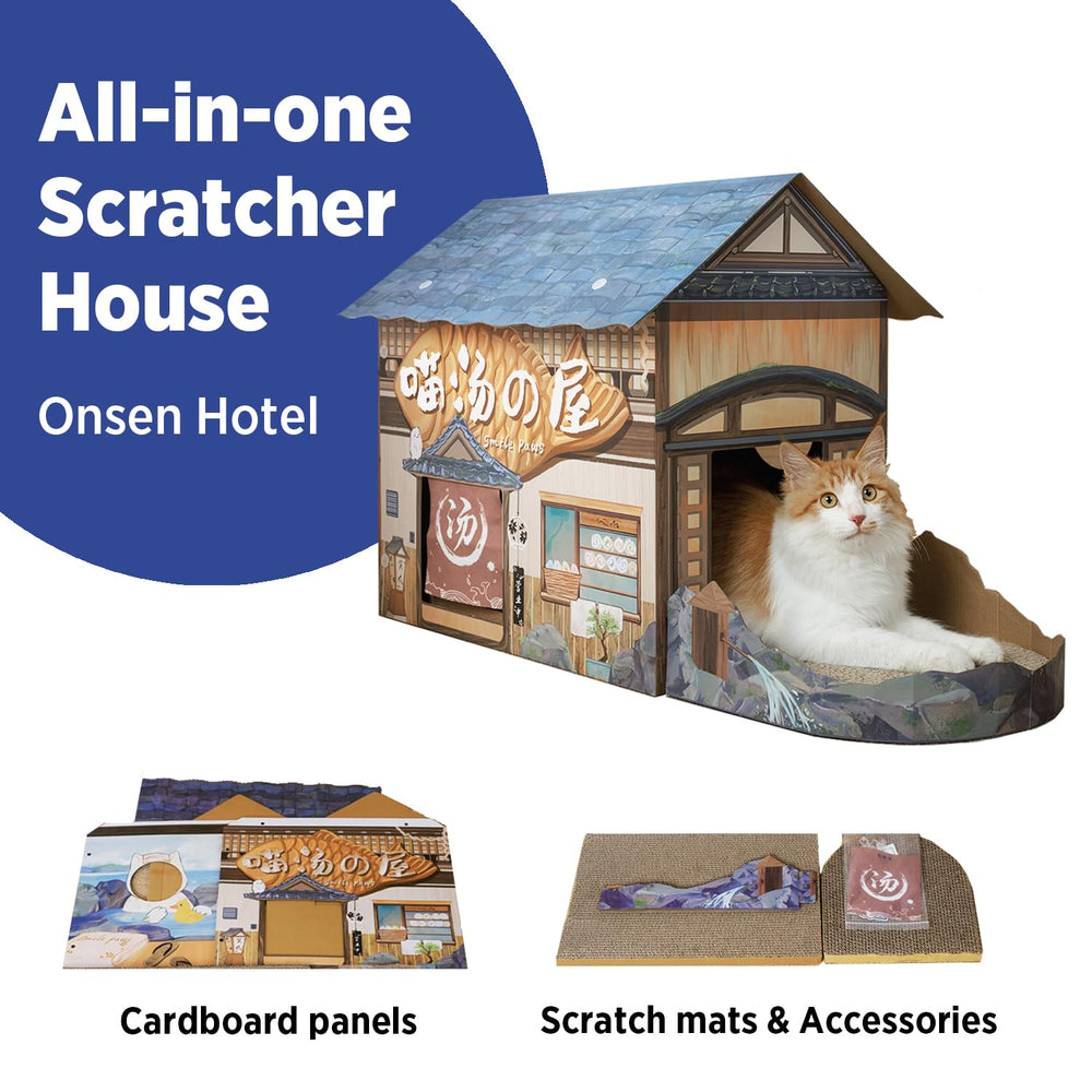 SMILE PAWS cardboard cat house scratchers highlights versatile play and private hideaway.
