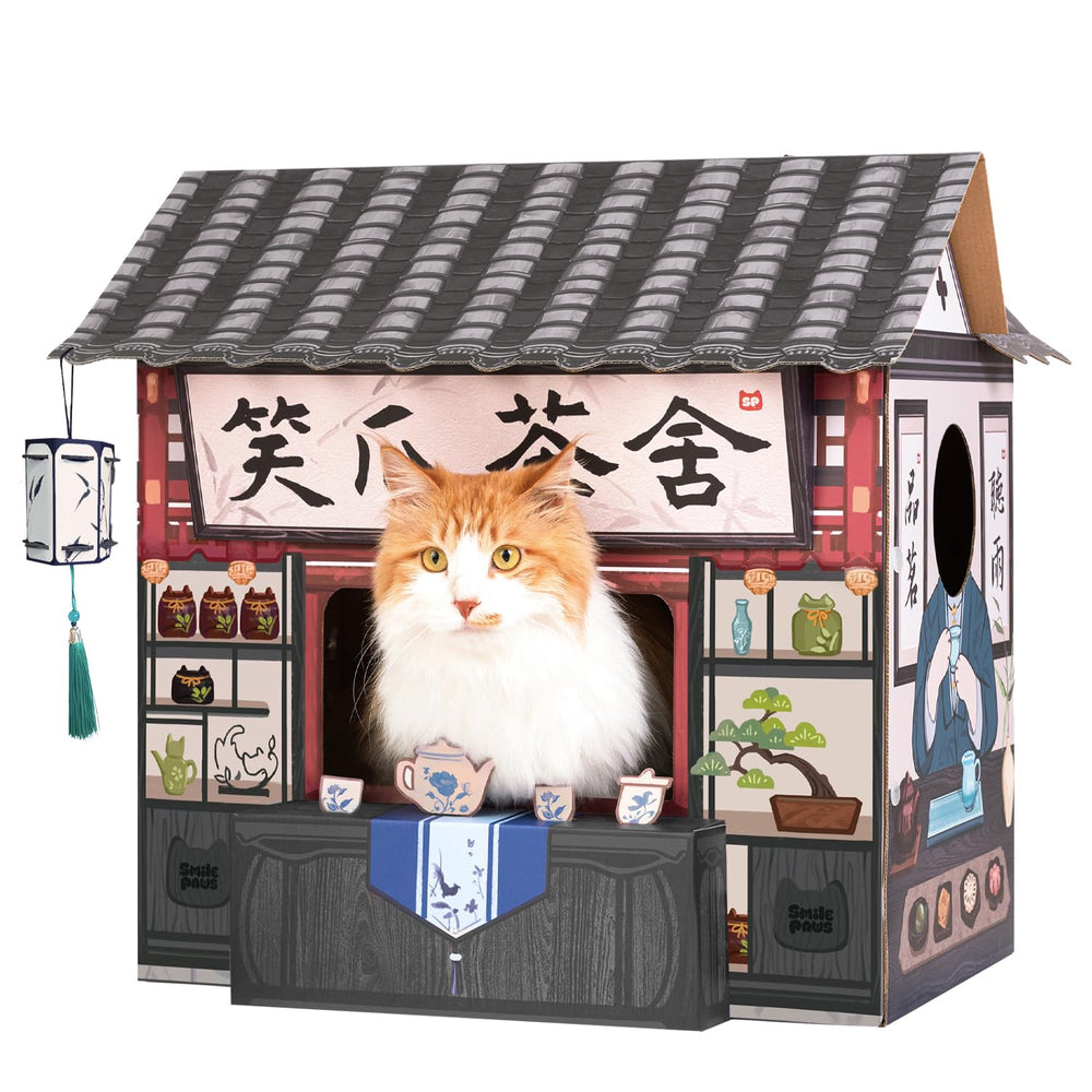 Smile Paws cat bed with cardboard house and scratchers for enrichment and scratching.