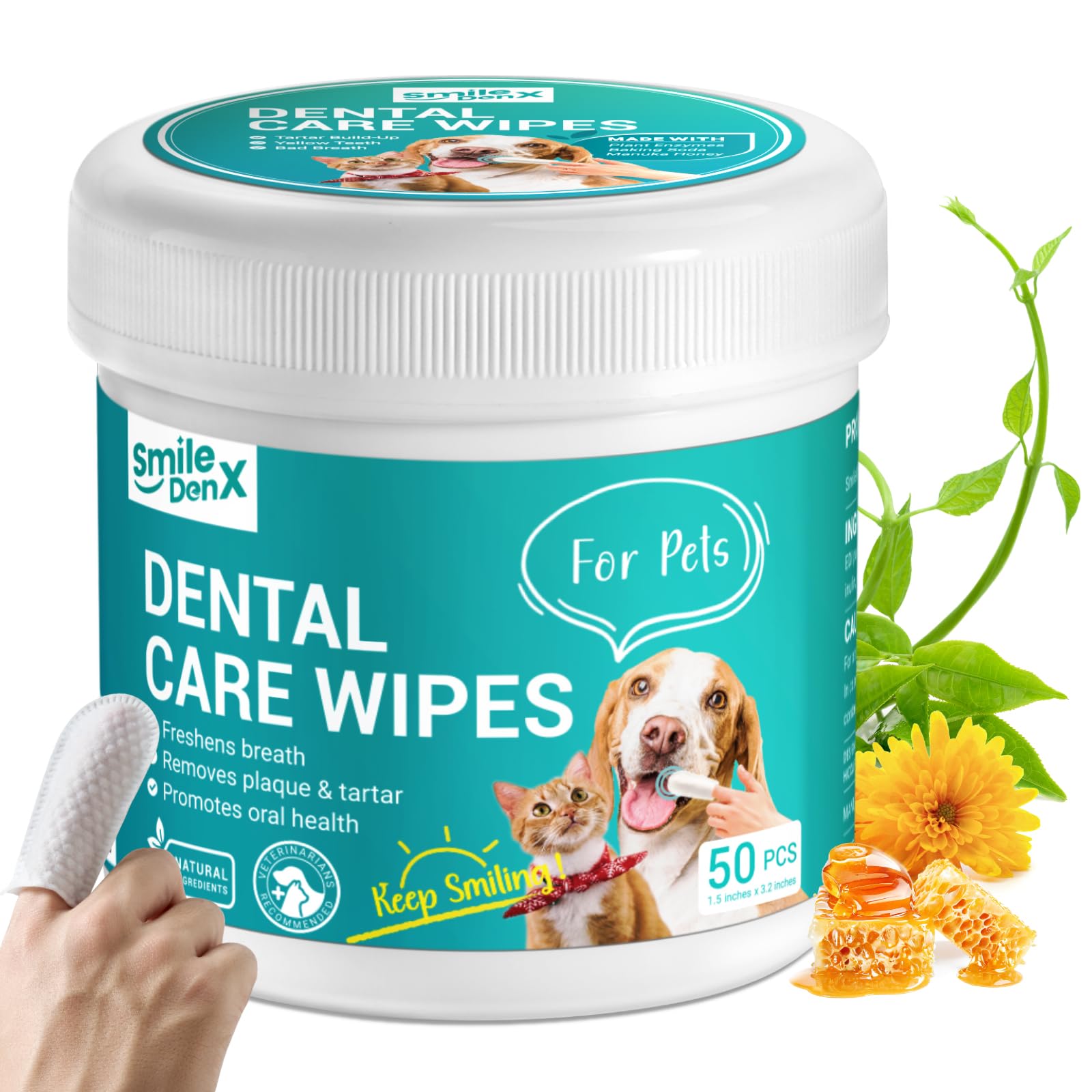 SmileDenX Teeth Cleaning Wipes packaging shows easy, mess-free pet dental care.