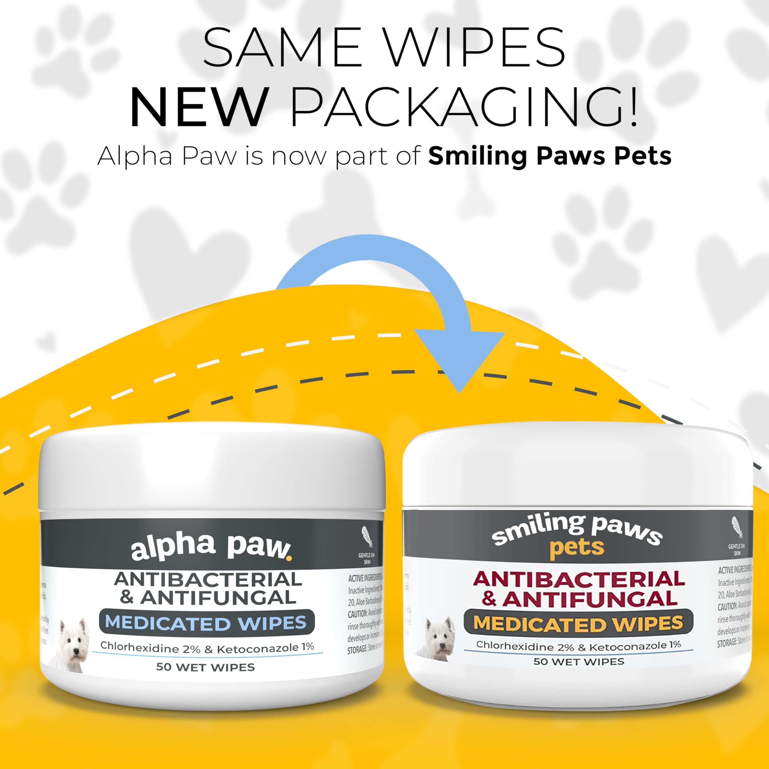 Smiling Paws Pets wipe closeup showing ketoconazole and chlorhexidine ingredients for skin care.