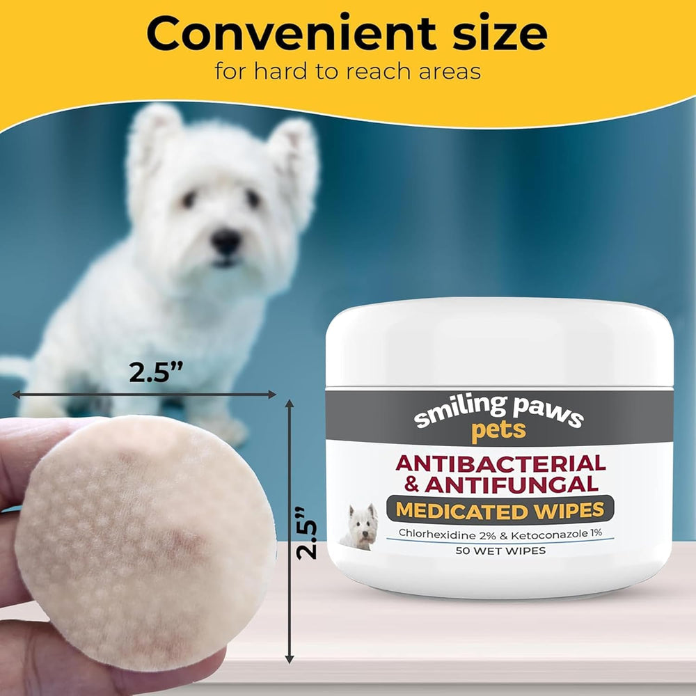 Smiling Paws Pets antibacterial wipes pack displayed for at home pet skin care routine