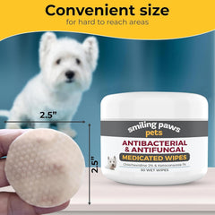 Smiling Paws Pets antibacterial wipes pack displayed for at home pet skin care routine
