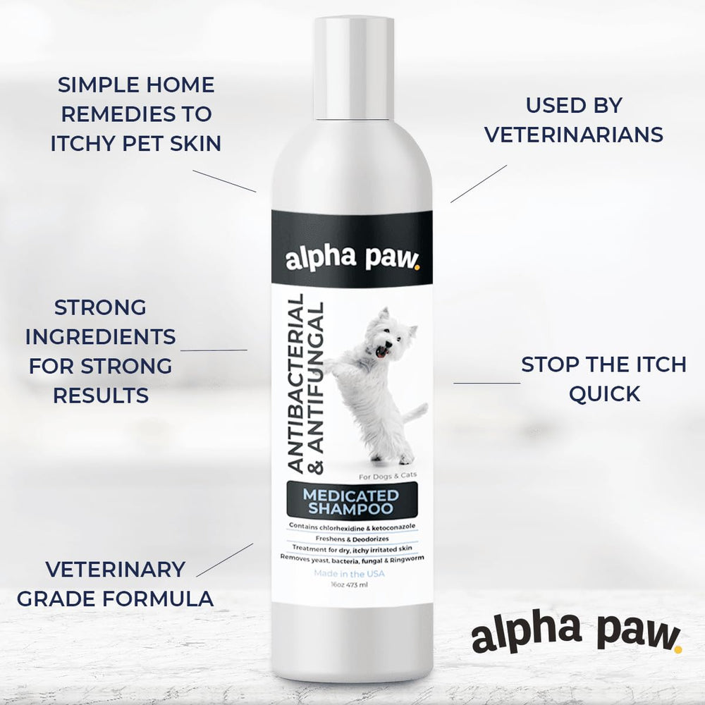 Smiling Paws Pets medicated grooming kit shampoo bottle close-up for veterinary-strength skin care.