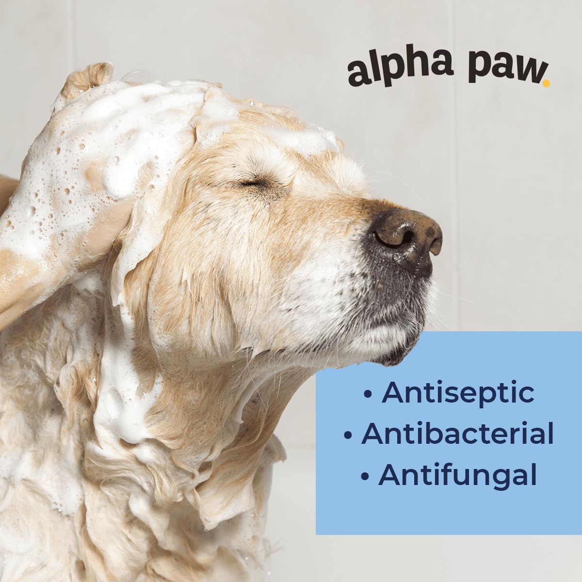 Smiling Paws Pets shampoo bottle close-up highlighting dual-action formula.