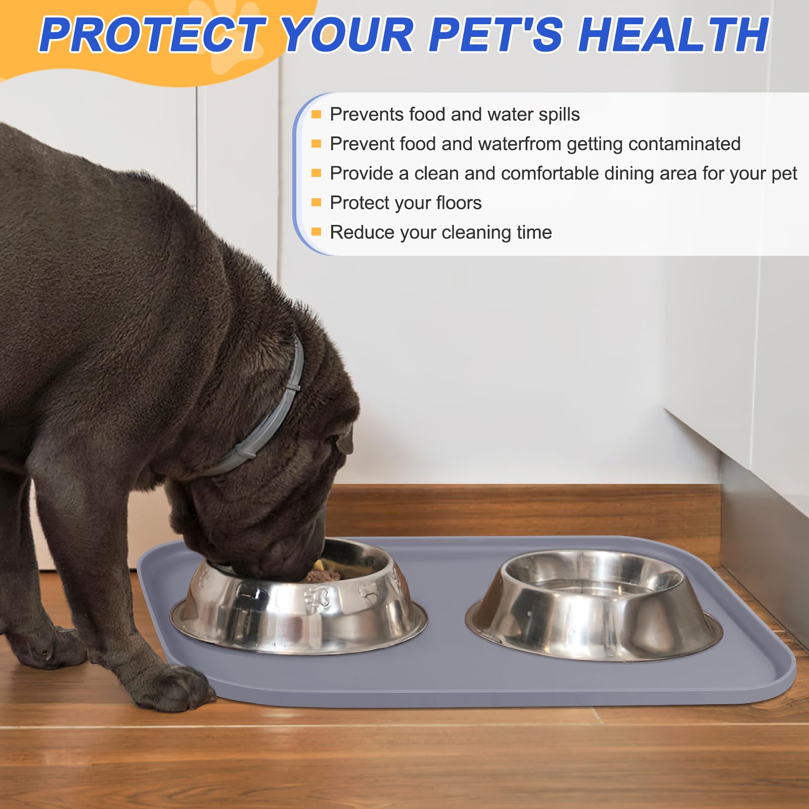 SMILOOL elevated-edge mat prevents food from spilling onto the floor.