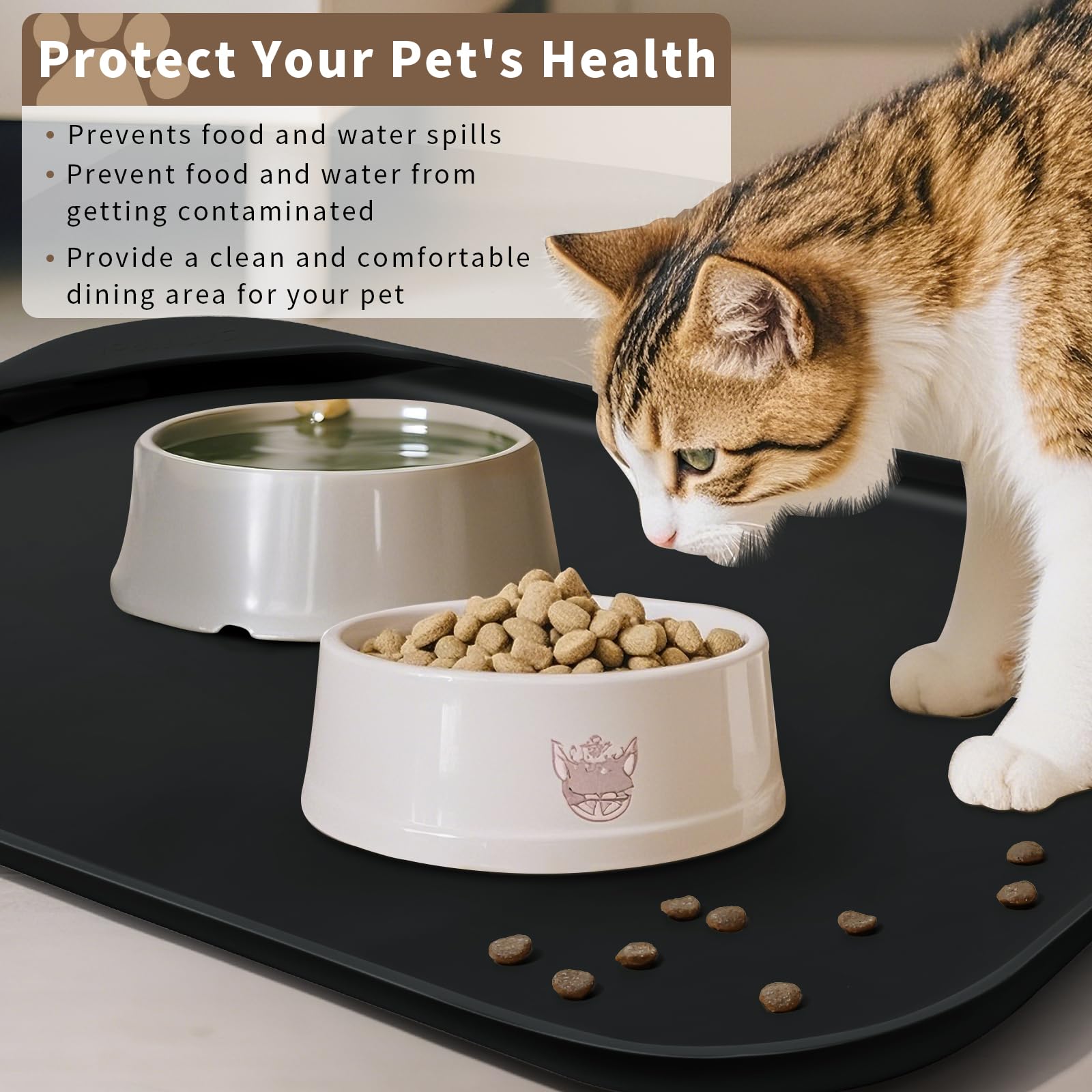 Smilool raised lip design helps keep food and water on the mat