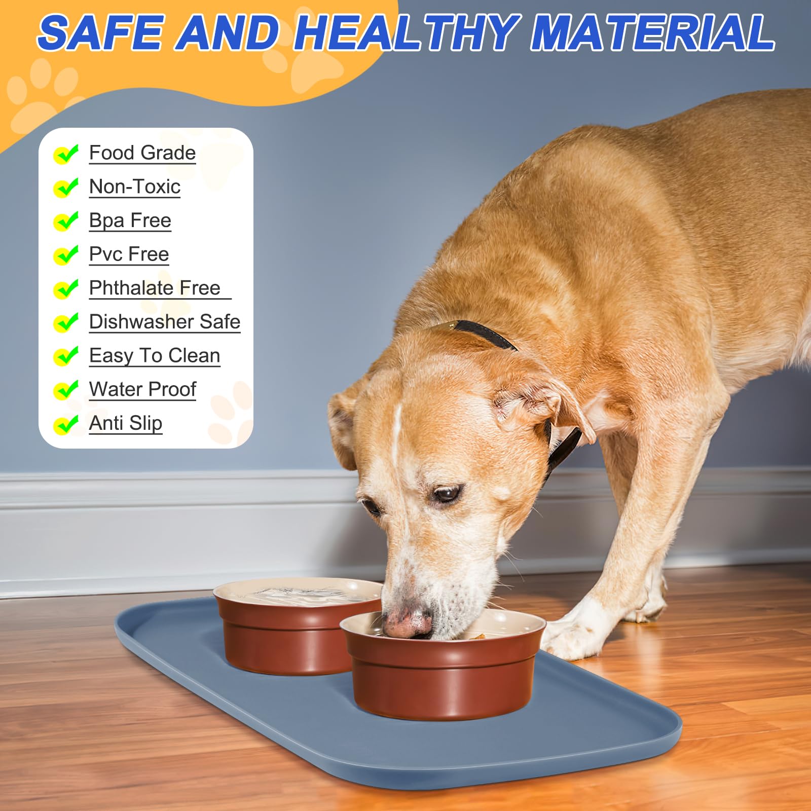 SMILOOL silicone pet feeding mat slate blue with raised edges prevents spills during meals.