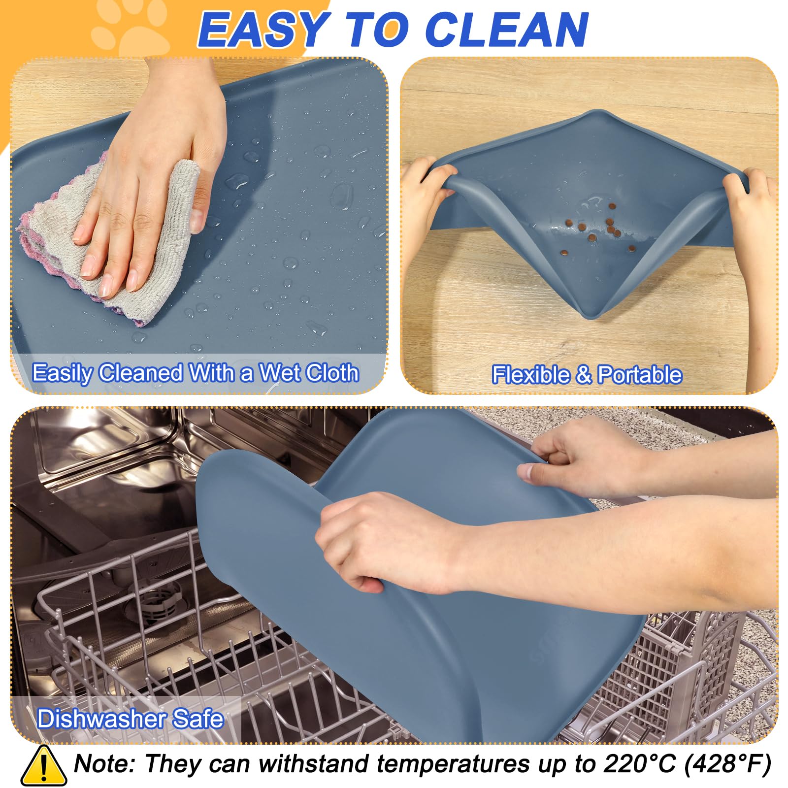 SMILOOL silicone pet feeding mat slate blue slip-resistant surface keeps bowls from sliding.