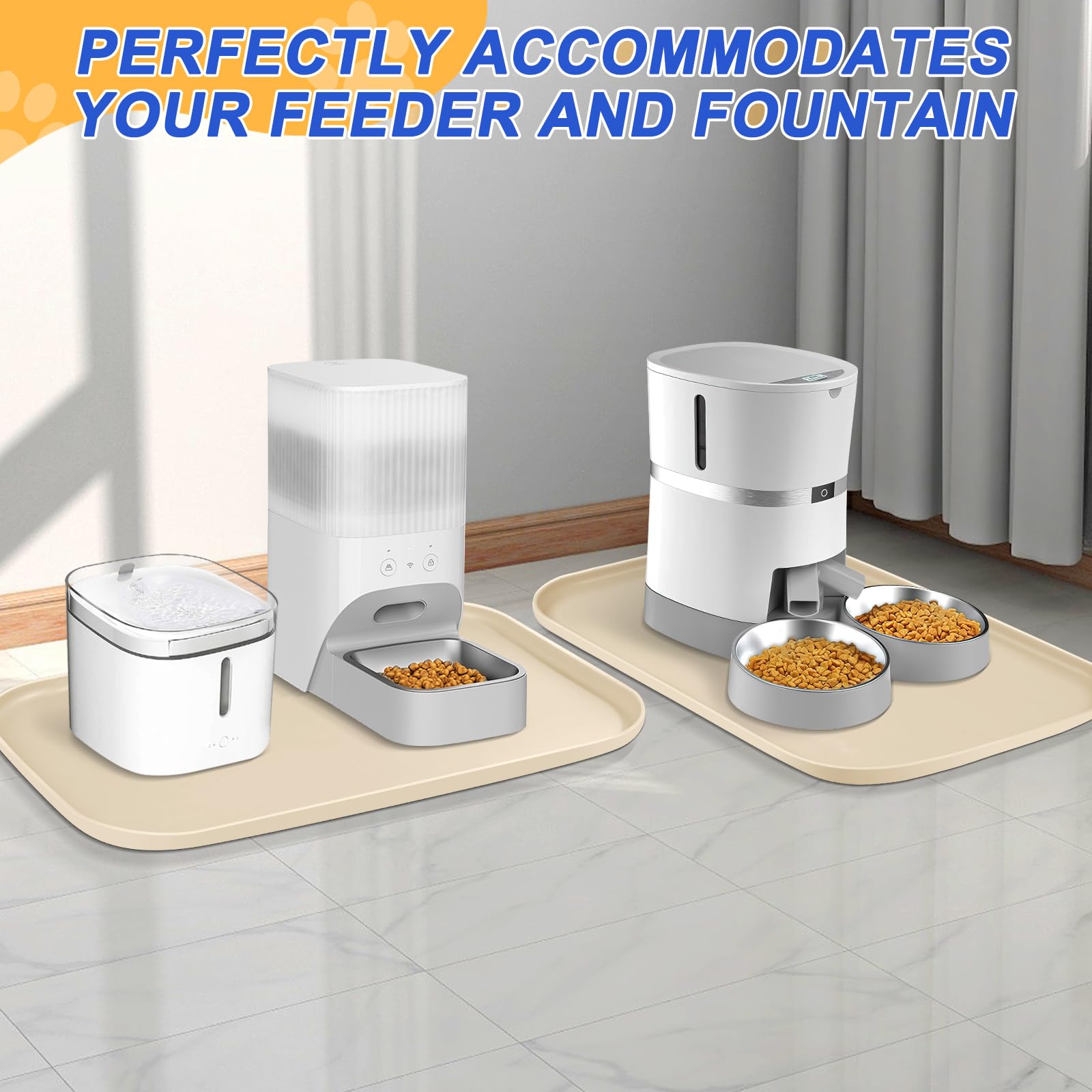 SMILOOL mat under water fountain helps contain splashes and floor protect.