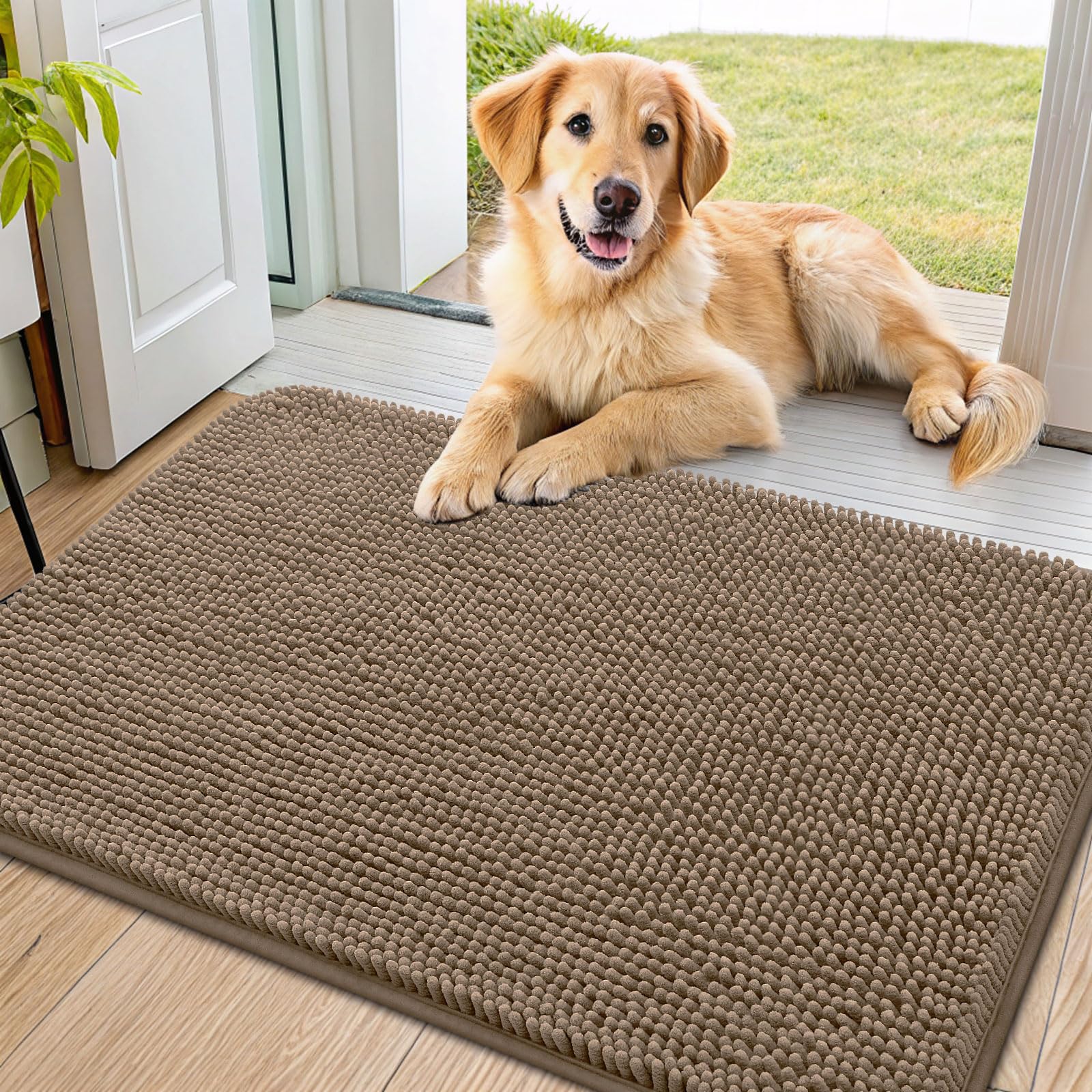 Smiry Dog Door Mat camel front view; absorbs moisture for muddy paws.