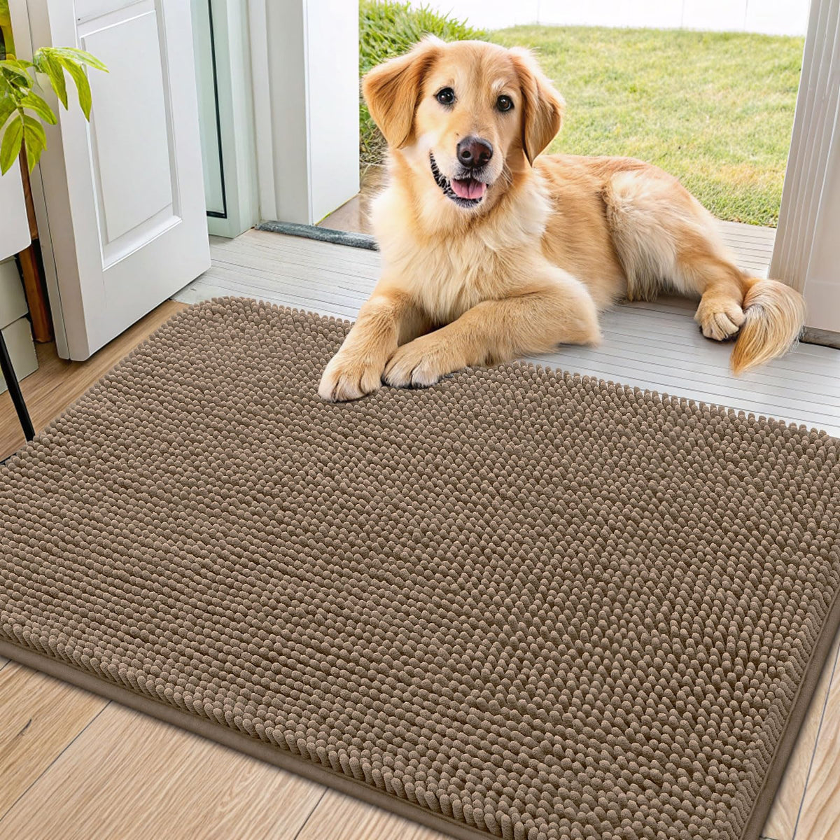 Smiry Dog Door Mat camel front view; absorbs moisture for muddy paws.