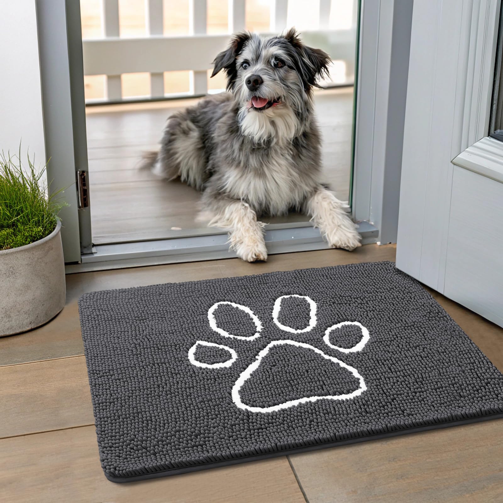 Smiry dog door mat's absorbent dirt-trapper fibers keep paws clean.