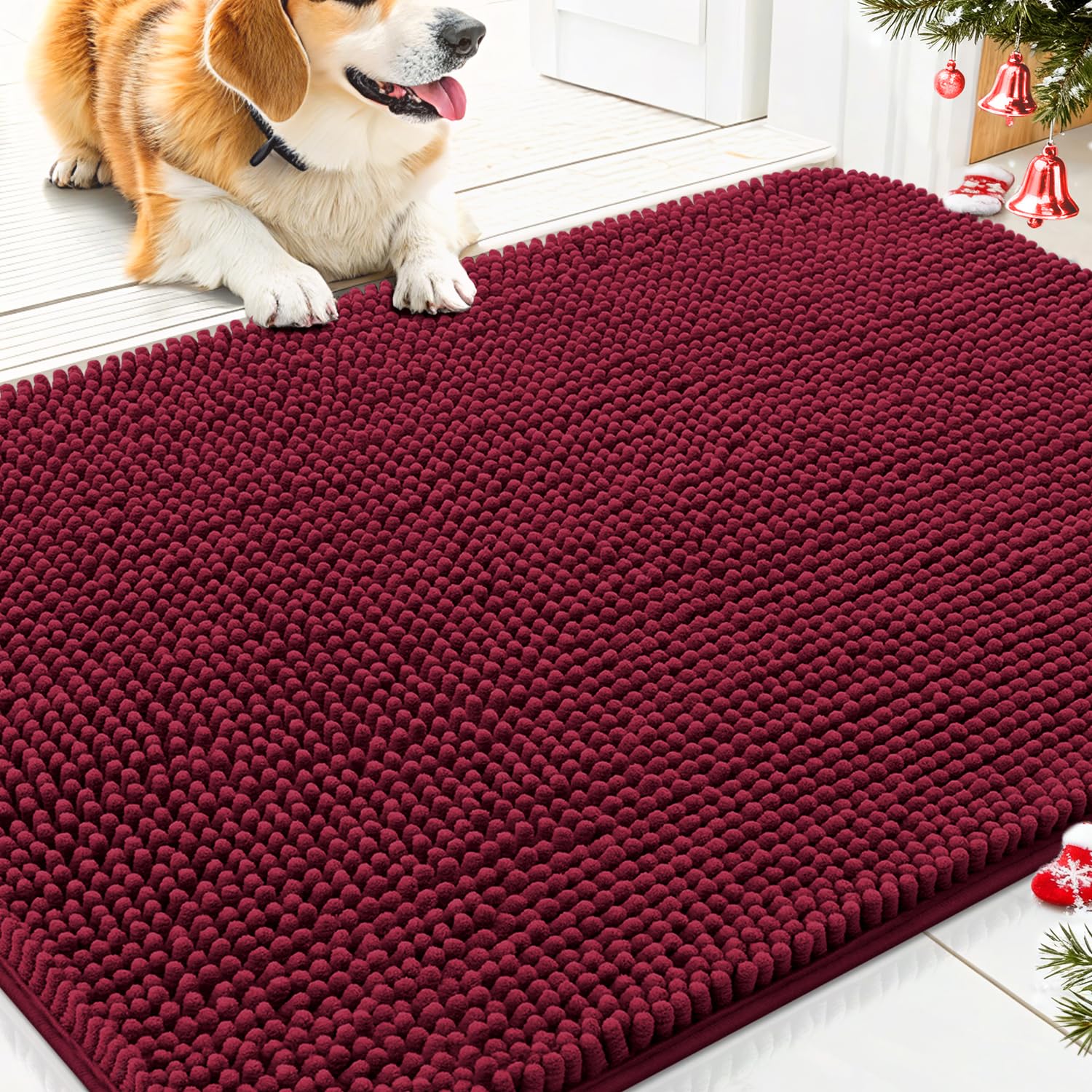 Smiry dog door mat Burgundy entrance-detail shows plush chenille for paws