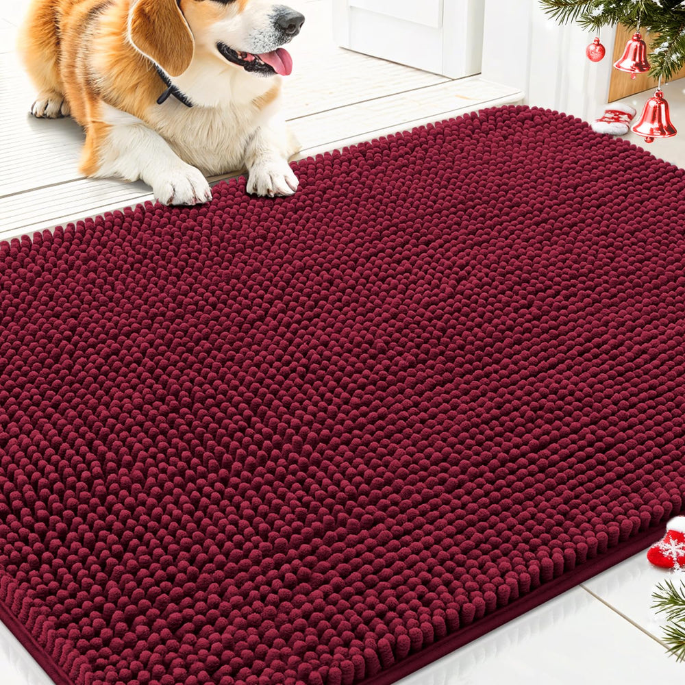 Smiry dog door mat Burgundy entrance-detail shows plush chenille for paws