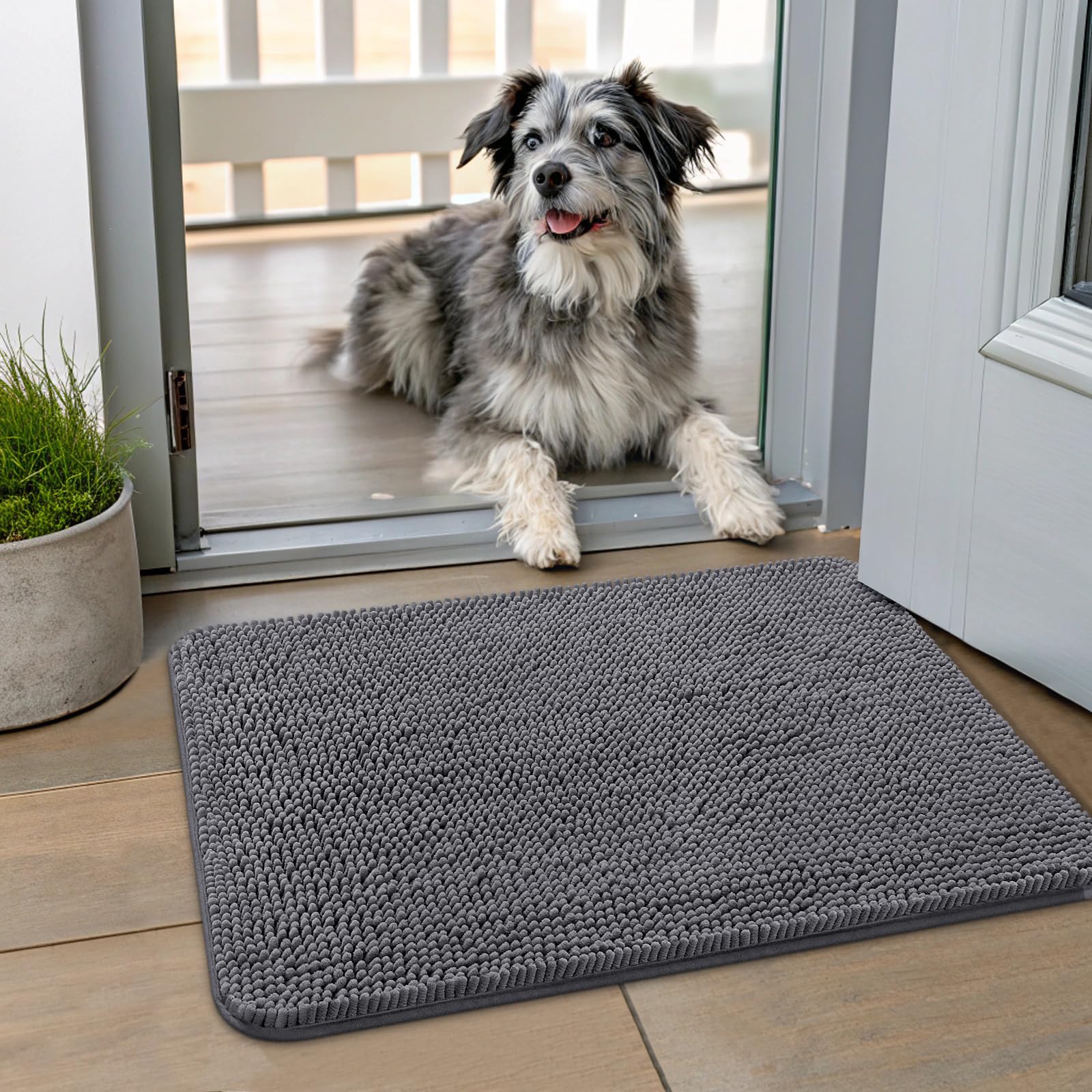 Smiry Dog Door Mat Muddy Paws 24x16 front view reduces tracking at entry