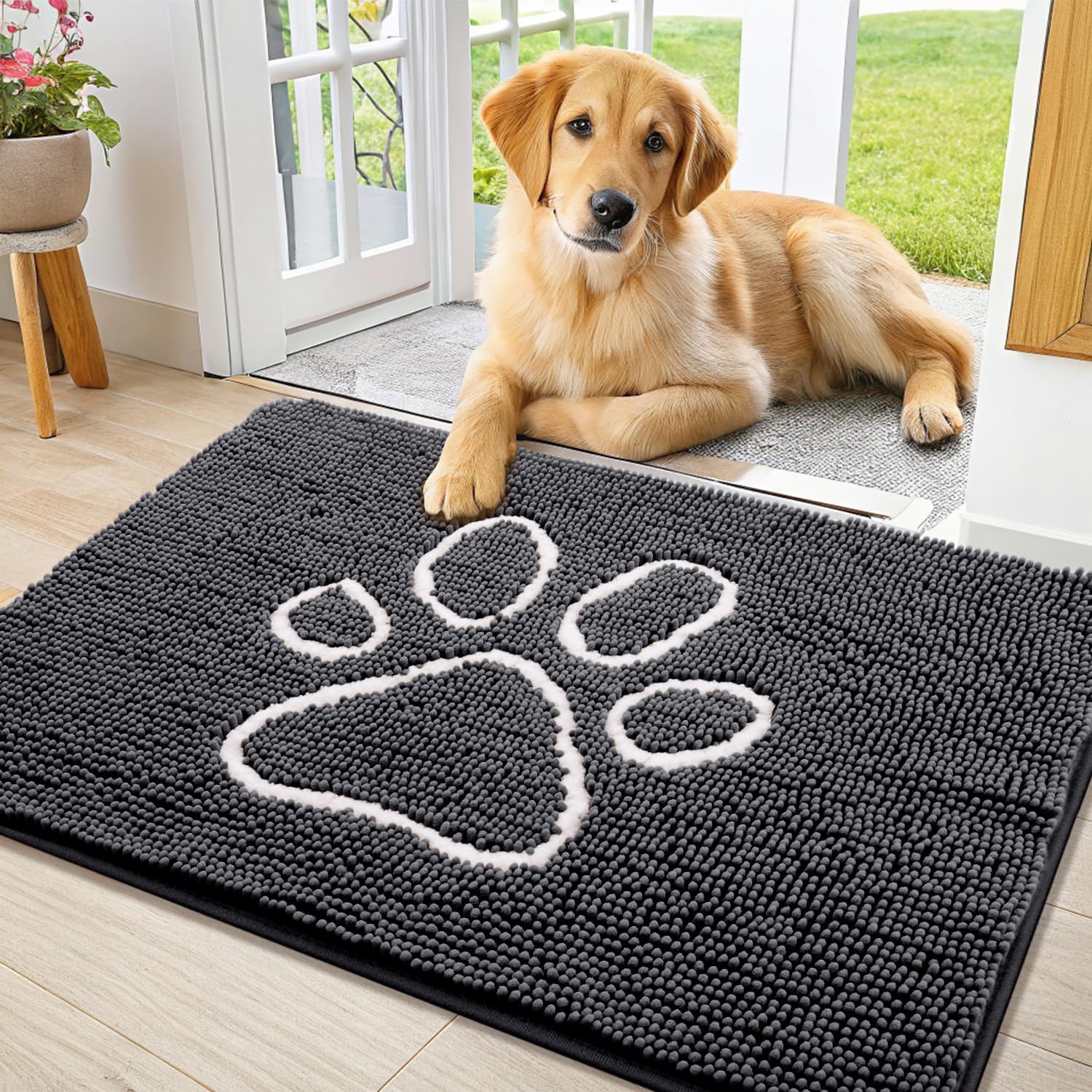 Smiry dog door mat muddy-paws-chenille traps moisture for cleaner entry.