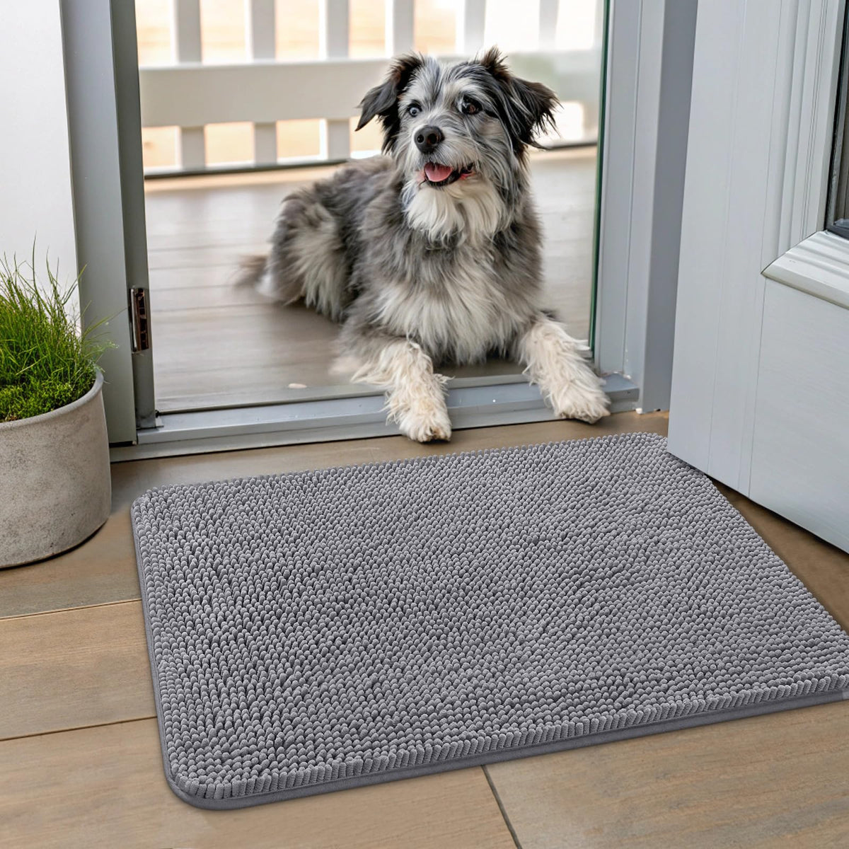 Smiry dog door mat close-up shows plush chenille absorbing moisture for muddy paws