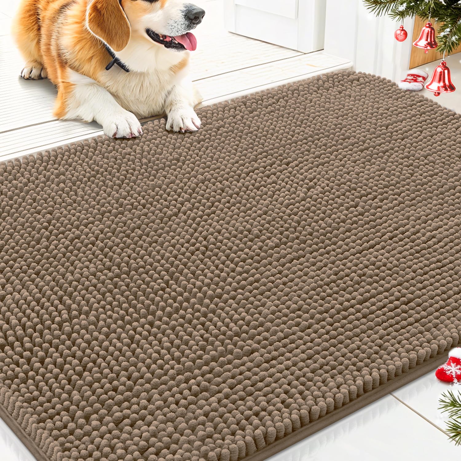 Smiry dog door mat muddy-paws front view; absorbent chenille keeps moisture at bay.