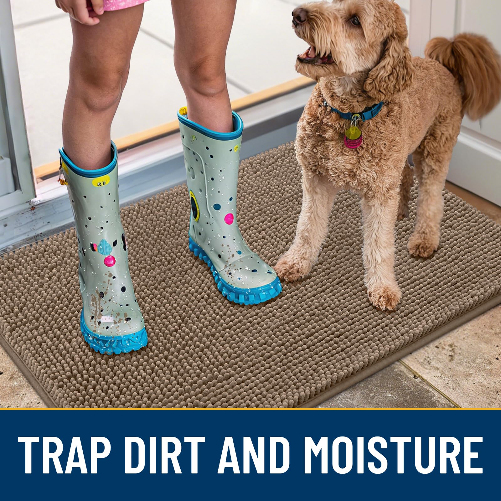 Smiry Dog Door Mat; non-slip rubber backing prevents slipping.
