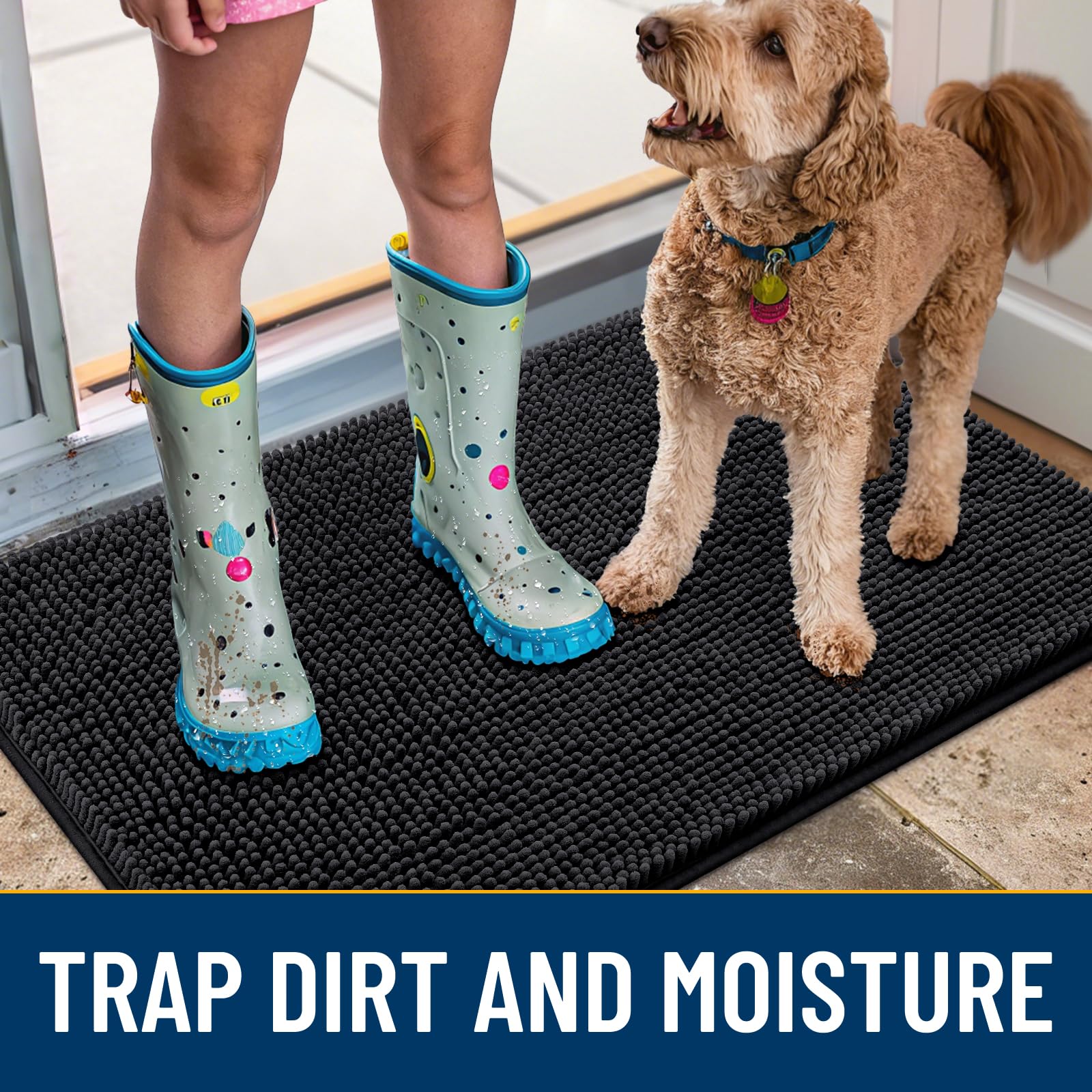 Smiry dog door mat with non-slip backing stays in place on floors.