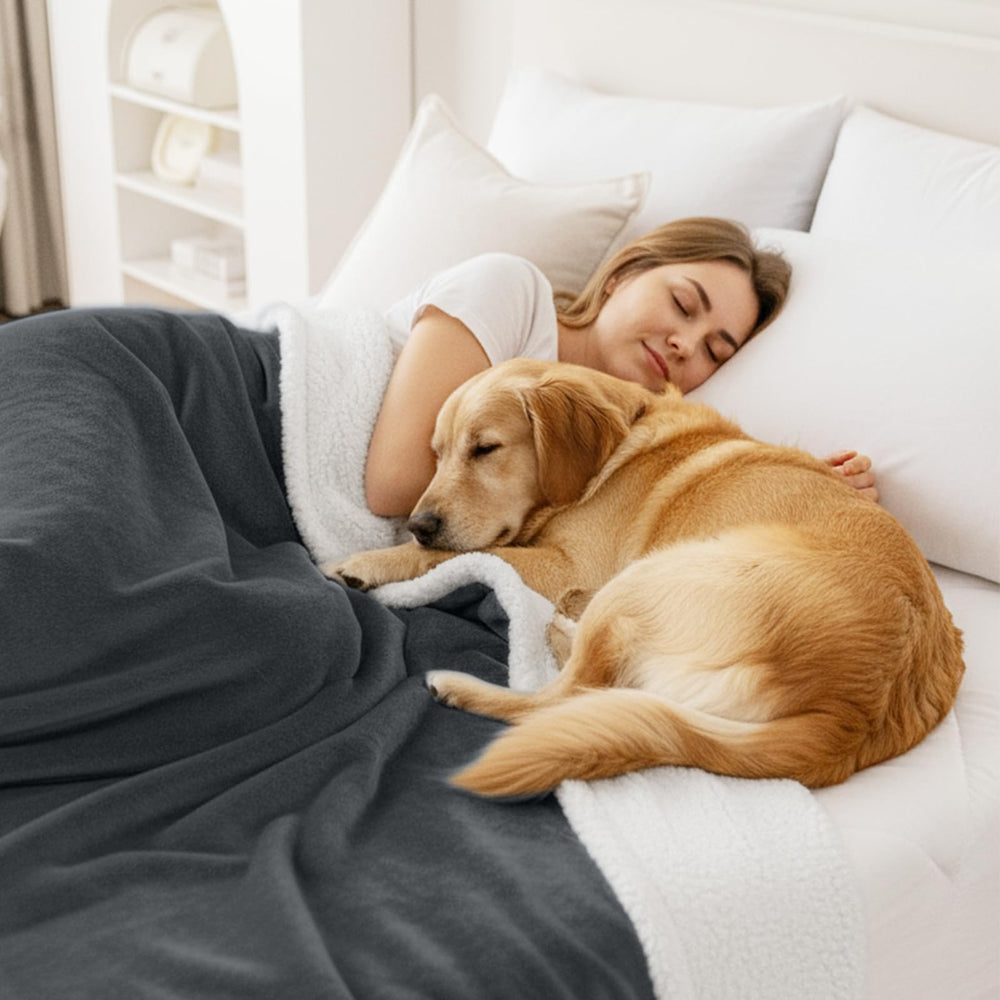 Smiry blanket on bed guards against spills and hair while staying cozy