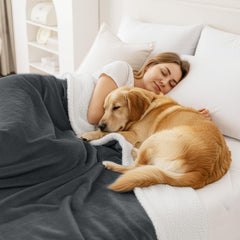 Smiry blanket on bed guards against spills and hair while staying cozy