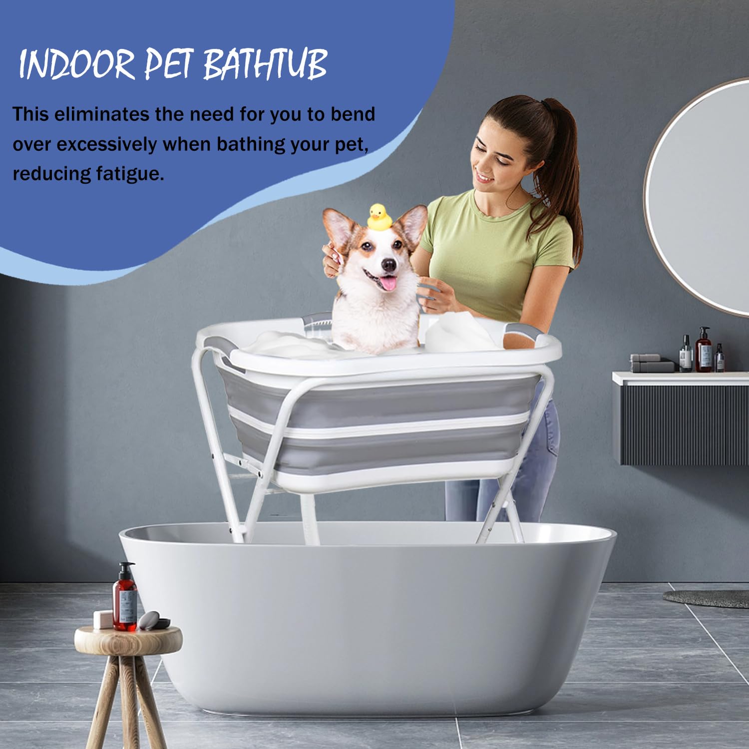 SMLXLXX collapsible pet washing station extended for convenient indoor bathing.