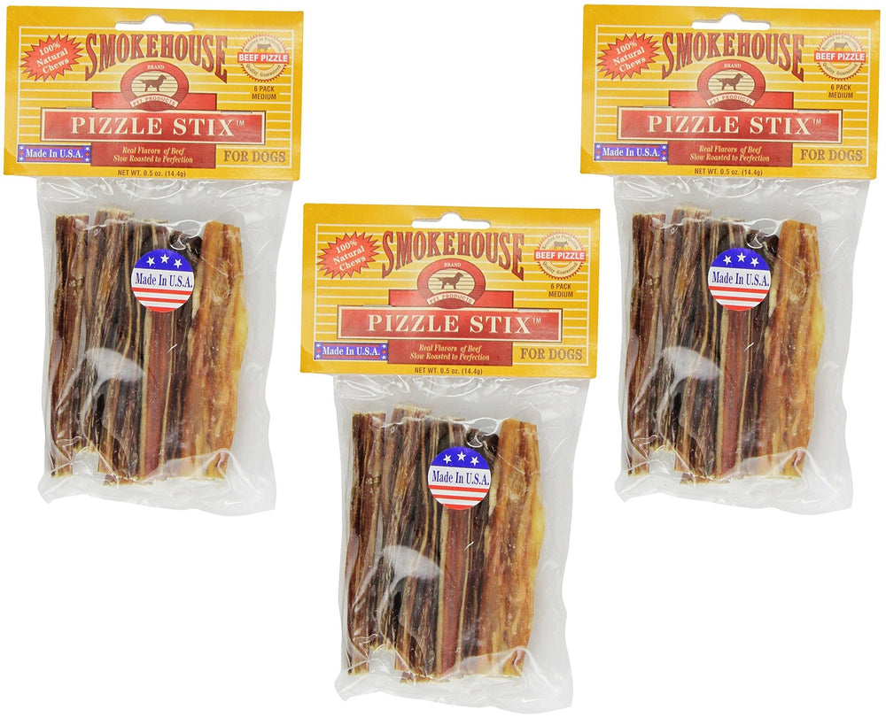 Smokehouse beef pizzle treat 3-pack front view supports dental health during chewing.