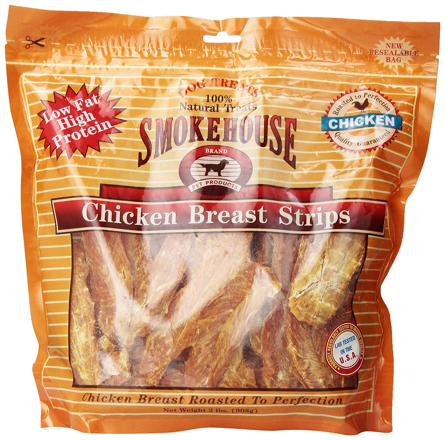 Smokehouse Treats Chicken Breast Strips pack shows a 2-pound bag for easy training rewards