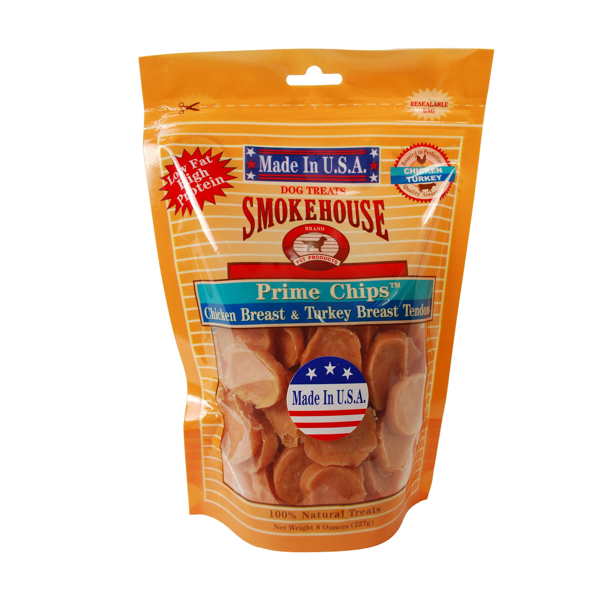 Smokehouse Treats Prime Chips dog treats bag highlighting high-protein natural rewards for training