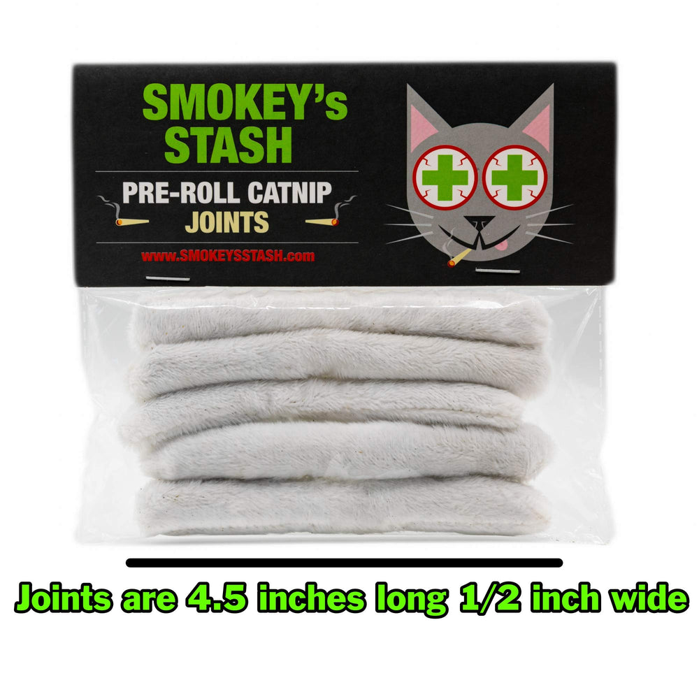 Smokey's Stash catnip-filled pre-roll joints pack side — compact, durable cat toy for daily play