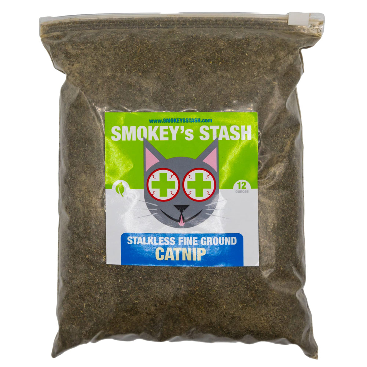 Smokey's Stash catnip ground 12oz bag ready for playtime and enrichment.