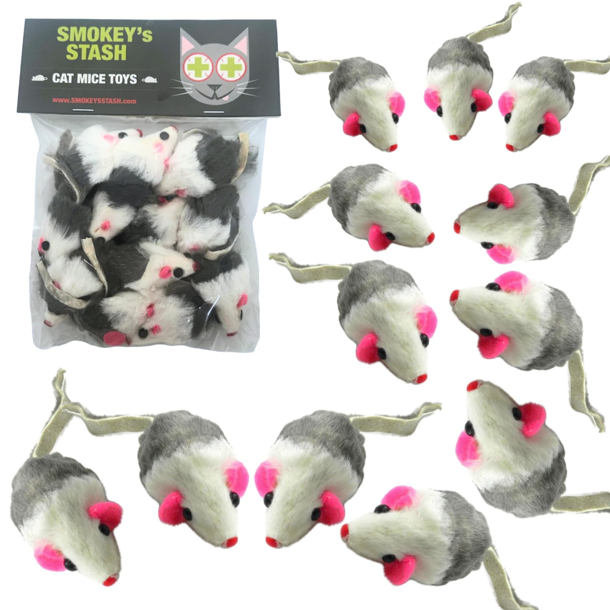 Smokey's Stash gray and white faux fur mouse with rattle encourages indoor play.