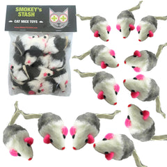 Smokey's Stash gray and white faux fur mouse with rattle encourages indoor play.