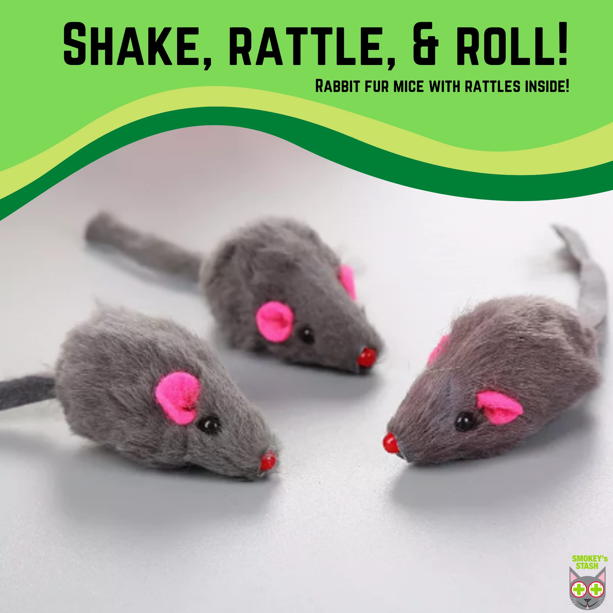 Smokeys Stash rabbit fur mouse gray, ideal for batting and chasing play.