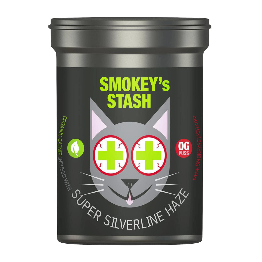 Smokey's Stash Silvervine Haze bottle showcases potent catnip blend for playtime