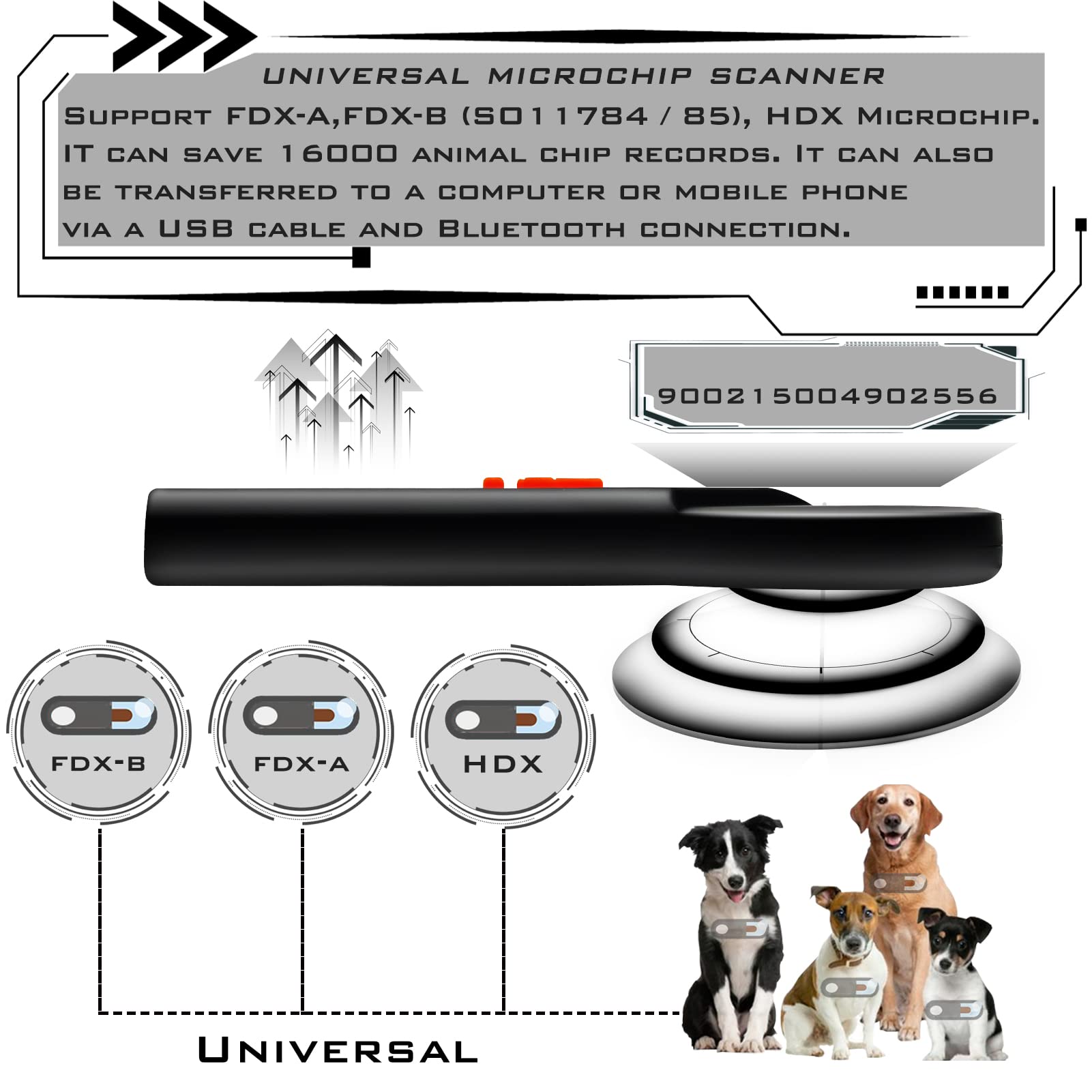Smoostart universal pet microchip scanner display shows chip type and ID clearly.
