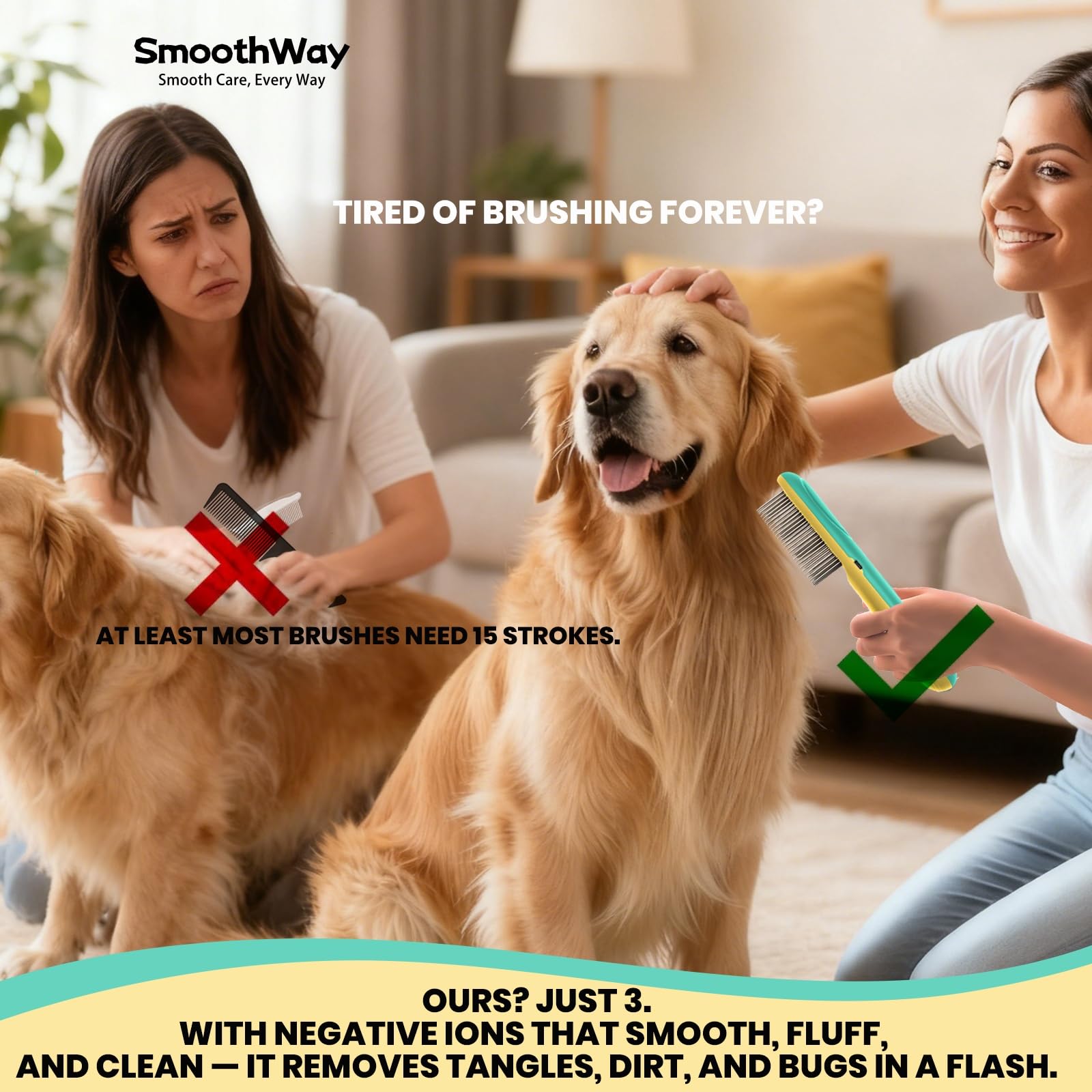 Smoothway 3-row teeth with negative ion feature for smoother fur.