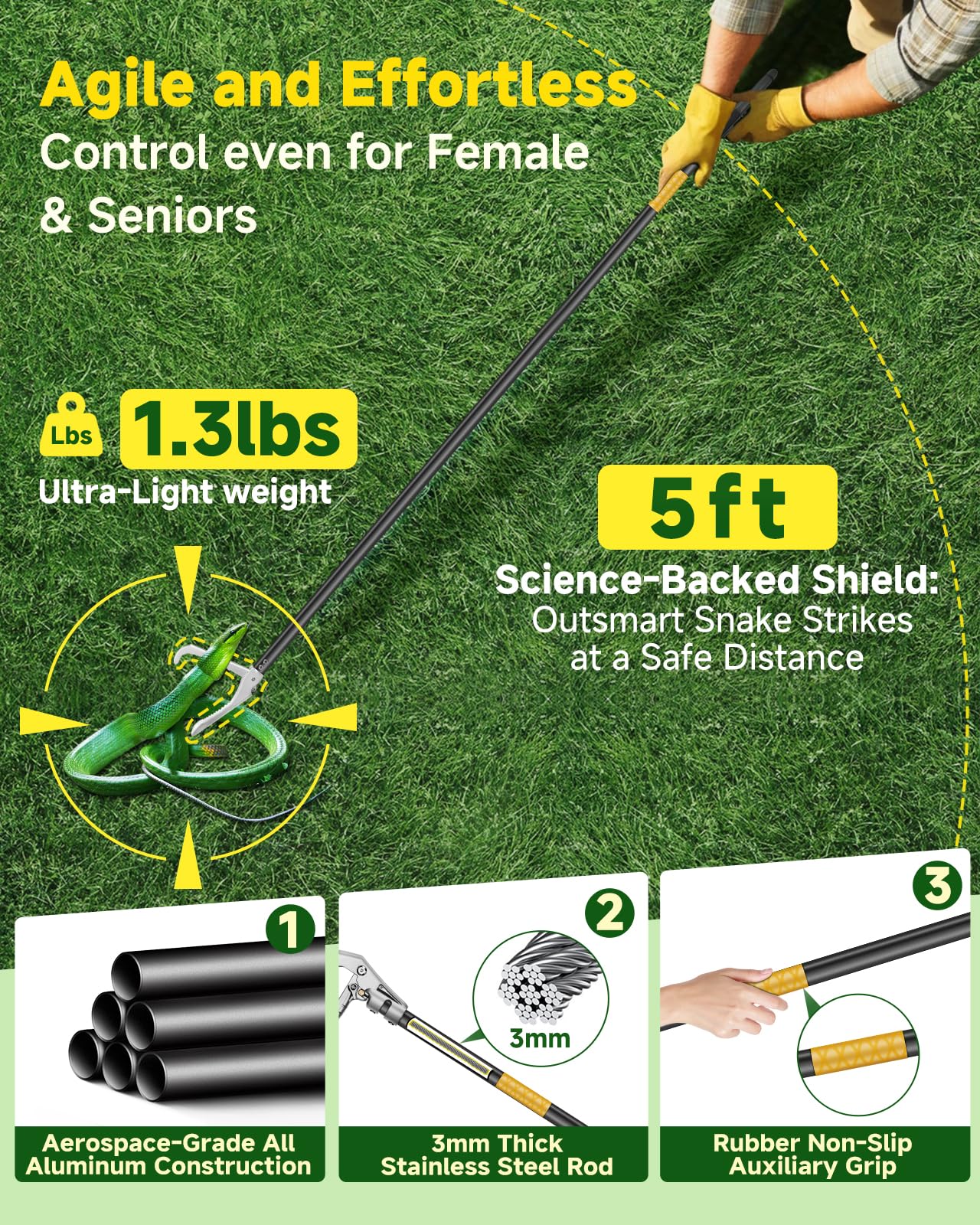 SMOQIO snake grabber tool 59in side view demonstrates extended length for distance from snake
