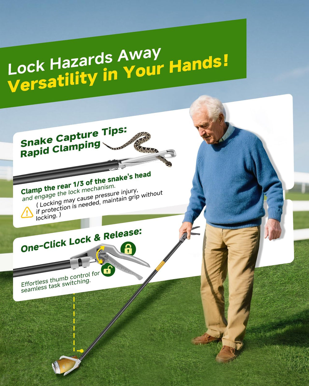 SMOQIO snake grabber tool anti-slip grip detail emphasizes reliable control