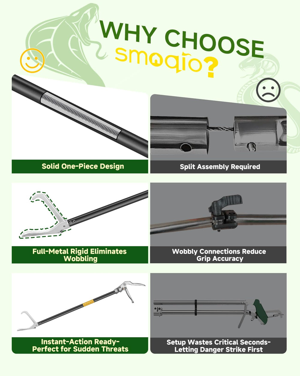 SMOQIO snake grabber tool locking jaws close-up highlights secure containment