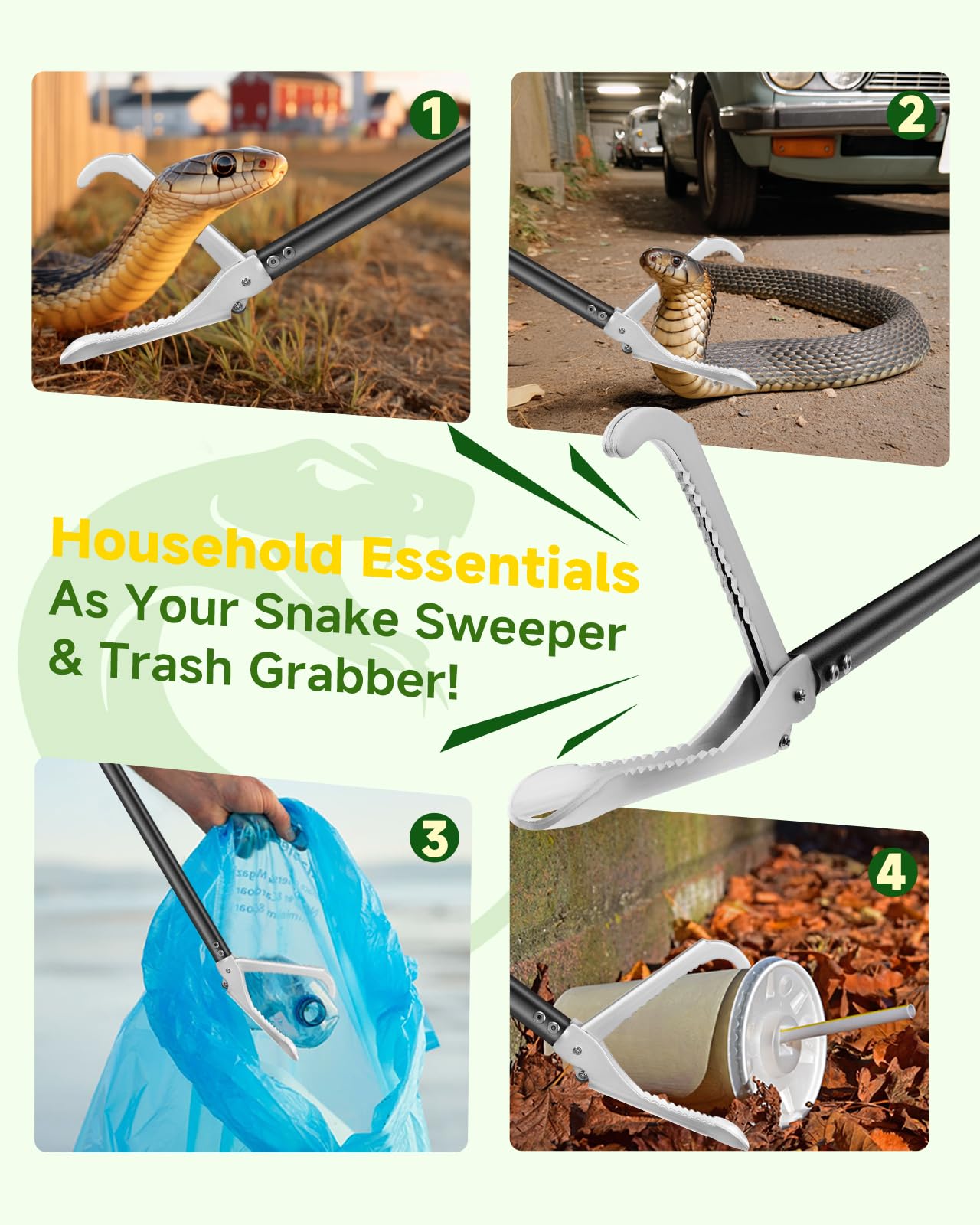 SMOQIO snake grabber tool wide jaw action enables stable capture