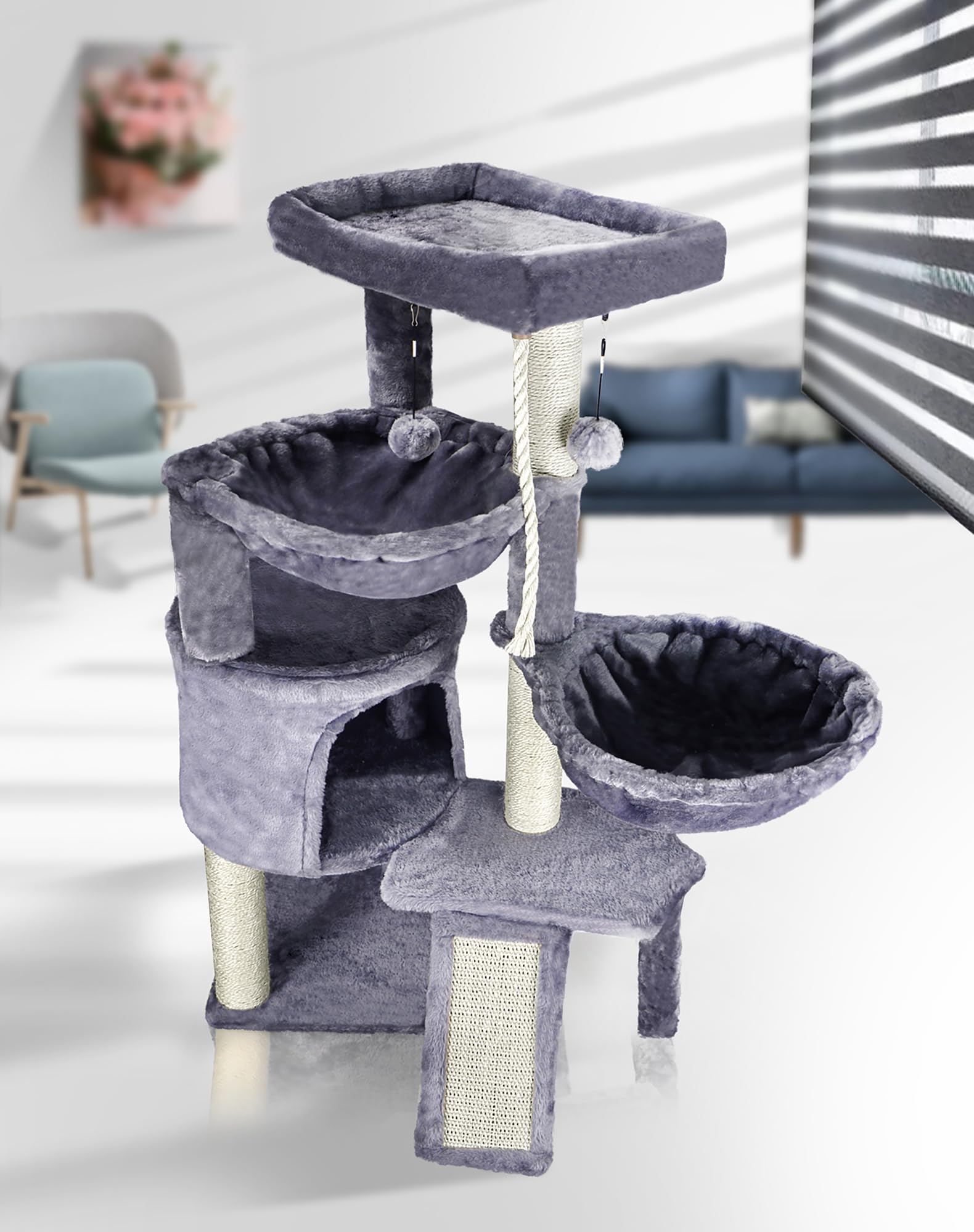 Smouatou Xin grey cat tree enriches homes with comfy perches.