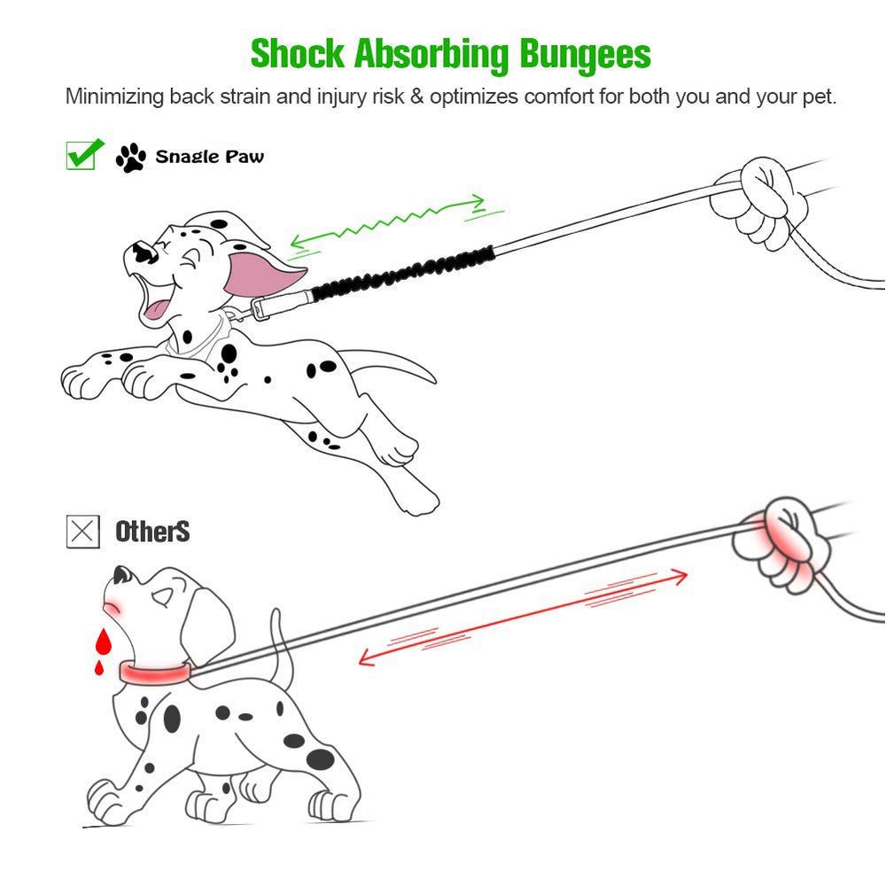 Snagle Paw bungee leash extension works with any leash, collar, or harness for versatile attachment