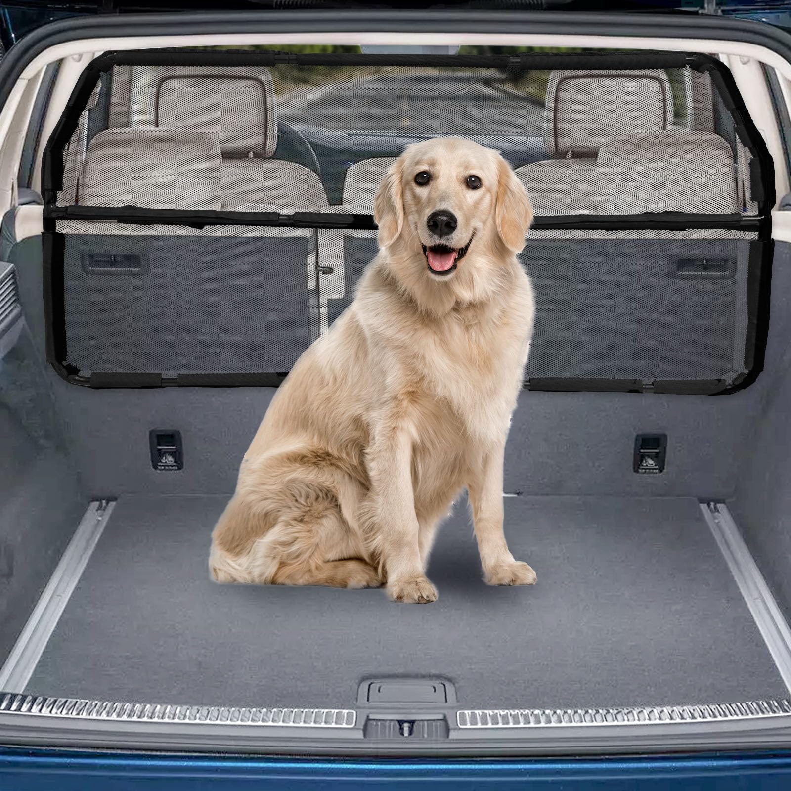Snagle Paw dog car barrier shows 46-inch-wide coverage for secure backseat separation