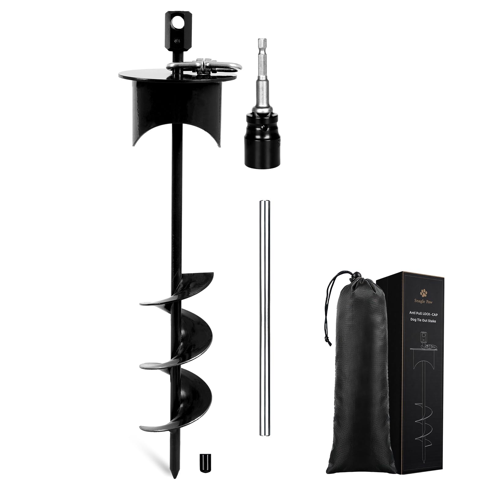 Snagle Paw dog tie-out stake with lock-cap keeps the stake upright in soil.